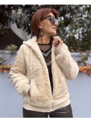 Denizege Butik Kadın Italyan Kapüşonlu Suni Kürk Mont Ekru