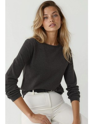 Hiccup Kadın Viskon Karışımlı Bisiklet Yaka Basic Triko Kazak Kömür Grisi