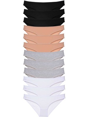 Leopardess 12 adet Süper Eko Set Likralı Kadın Slip Külot Siyah Ten Gri Beyaz