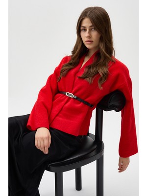 Rays Kırmızı Hâkim Yaka Kemer Detaylı Kısa Kaşe Kadın Ceket 3100A