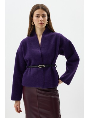 Rays Mor Hâkim Yaka Kemer Detaylı Kısa Kaşe Kadın Ceket 3100A