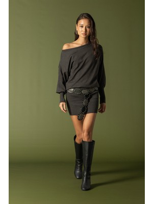 Nisan Triko Ribana Asimetrik Kesim Mini Elbise