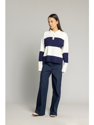 Nisan Triko Blok Çizgili Polo Yaka Kazak