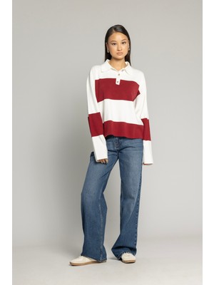 Nisan Triko Blok Çizgili Polo Yaka Kazak