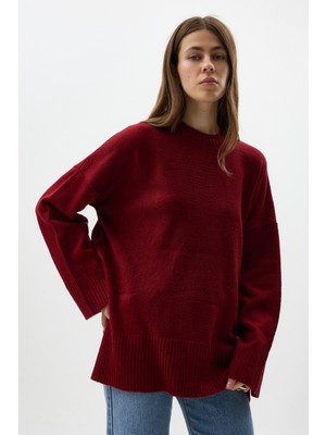Rays Bordo Bisiklet Yaka Oversize Kadın Kazak 2450