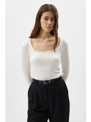 Rays Ekru Kare Yaka Uzun Kollu Fitilli Kadın Body 8267A