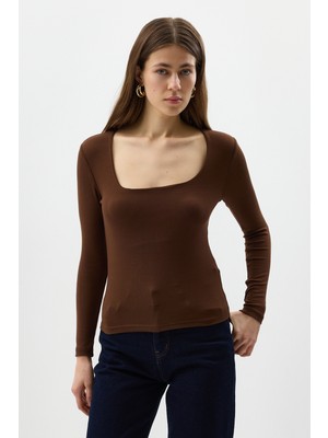 Rays Kahverengi Kare Yaka Uzun Kollu Fitilli Kadın Body 8267A