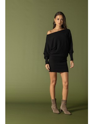 Nisan Triko Ribana Asimetrik Kesim Mini Elbise