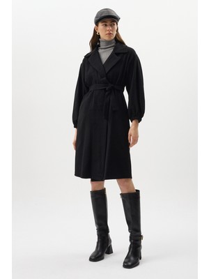 Rays Siyah Belden Bağlamalı Uzun Kaşe Kadın Kaban 3062A