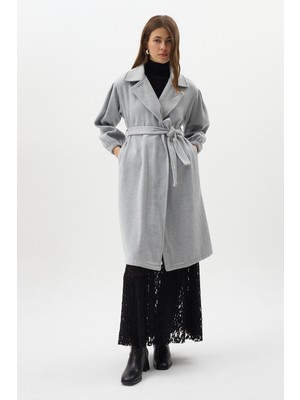 Rays Gri Belden Bağlamalı Uzun Kaşe Kadın Kaban 3062A