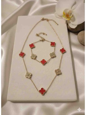 Güneş Takı Gold Koyu Kırmızı Yonca Çelik Kolye Bileklik Seti