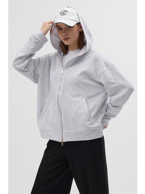Rays Gri Kapüşonlu Fermuarlı Oversize Kadın Hırka 3116A