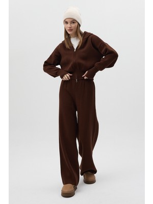 Rays Kahverengi Kapüşonlu Fermuarlı Triko Örme Pantolon Kadın Takım 2460