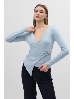 Rays 8227A Kruvaze Yaka Aksesuarlı Bluz Mavi