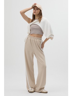 Rays Bej Yanları Şeritli Bel Lastikli Geniş Paça Kadın Eşofman Altı 9226M