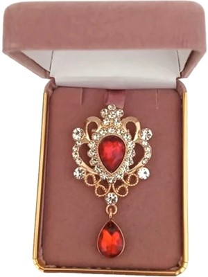 Alya's Aksesuar Vintage Tarzı Kırmızı Taşlı Altın Rengi Broş