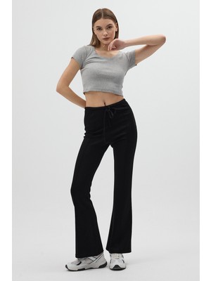 Rays Siyah Geniş Paça Beli Bağcıklı Kadın Pantolon 8246A