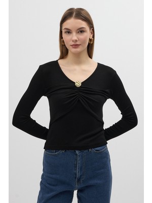 Rays Siyah V Yaka Ön Düğme Detaylı Bluz 8226A