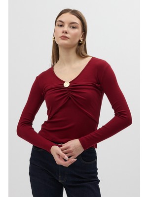 Rays Bordo V Yaka Ön Düğme Detaylı Bluz 8226A