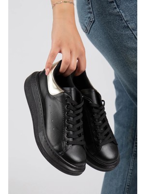 Erceka Günlük Sneaker Kadın Spor Ayakkabı Bağcıklı Siyah Beyaz Kaydırmaz Taban