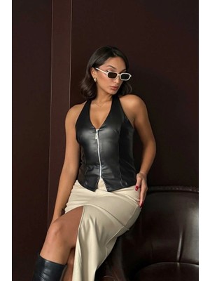 Cemo Ön Fermuarlı Suni Deri Yelek