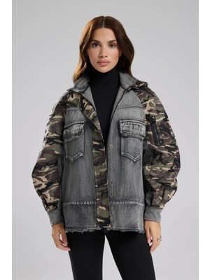 Tw3 Kadın Denim ve Kamuflaj Kumaş Garnili Tasarım Oversize Ceket