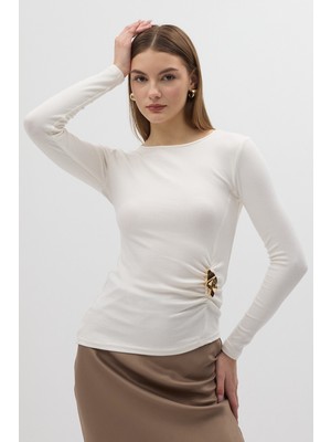Rays Ekru Bel Toka Detaylı Uzun Kollu Bluz 8221A