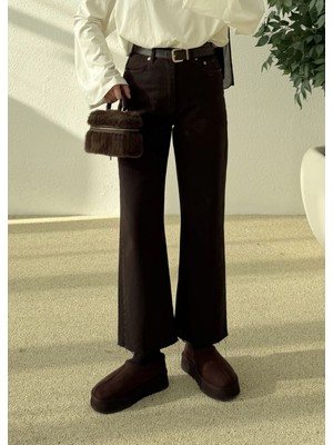 Moda Aksa Zara Model Ultra Yüksek Belli Kesik Düz Paça Jeans Acı Kahve