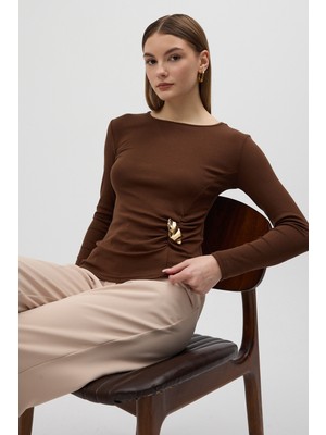 Rays Kahverengi Bel Toka Detaylı Uzun Kollu Bluz 8221A