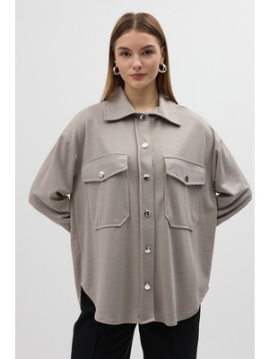 Rays Gri Büyük Cepli Ceket Yaka Uzun Kollu Kadın Gömlek 8108A