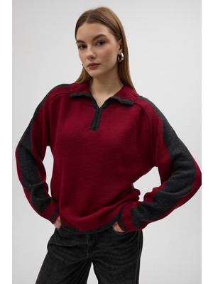 Rays Bordo Omuz Detaylı Fermuar Yaka Kadın Kazak 2233
