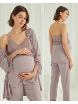 Birolgaye 1767 Pudra Modal Penye Hamile Lohusa 3 Lü Pijama Sabahlık Tk