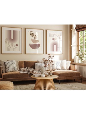 Pam Studio Lila Bej Tonlarında 3'lü Dijital Tablo Seti | Modern Bohem Posterler | Doğal Ahşap Çerçeve