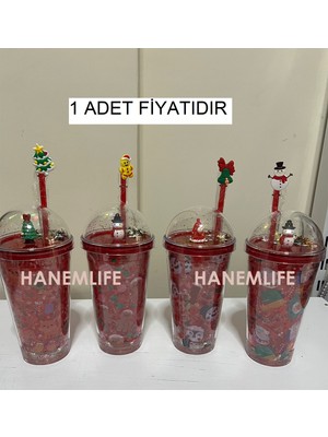 Hanemlife Yılbaşı Işıklı Pipetli Bardak Figürlü Suluk Matara Noel Bardak