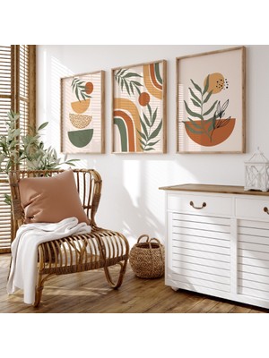 Pam Studio Turuncu Hardal Yeşil 3'lü Modern Poster Seti | Bohem Geometrik Tablo | Ahşap Çerçeve