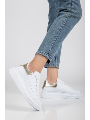 Erceka Günlük Sneaker Kadın Spor Ayakkabı Bağcıklı Siyah Beyaz Kaydırmaz Taban Gümüş Altın