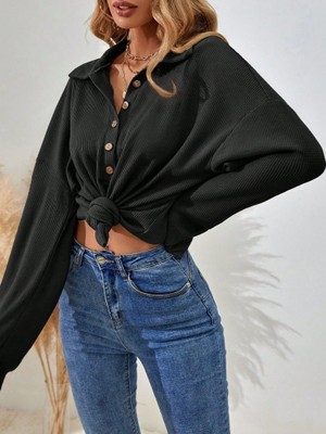 Kolleksa Kadın Uzun Kollu Yakalı Düğmeli Salaş Waffle Bluz