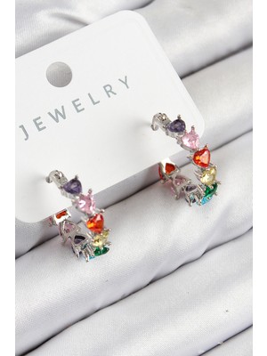 Marsilyan Pirinç Zirkon Taşlı Kalp Model Gümüş Renk Kadın Küpe