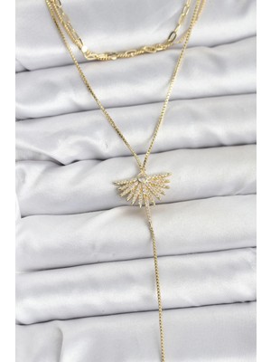 Marsilyan Pirinç Gold Renk Zirkon Taşlı Yelpaze Model Detaylı 3'lü Kombin Y Kadın Kolye - TJ-BKO10695