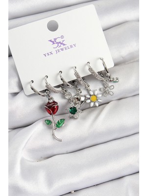 Marsilyan Pirinç Zirkon Taşlı Gül ve Papatya Model Gümüş Renk 3'lü Çift Kadın Küpe
