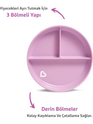 Munchkin Sabit Vakumlu Beslenme Tabağı | 6 Ay+, 3 Bölmeli, BPA İçermez, Mor – 1 Adet