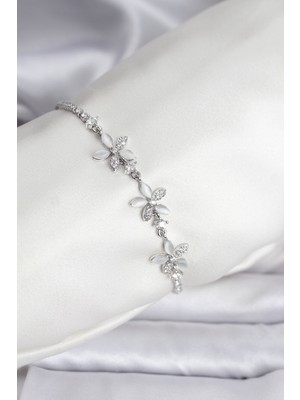 Marsilyan Çiçek Model Zirkon Taşlı Gümüş Renk Pirinç Su Yolu Kadın Bileklik