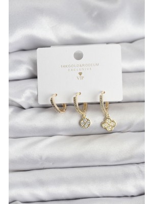 Marsilyan Pirinç Gold Renk Yonca Model 3'lü Kadın Küpe Seti