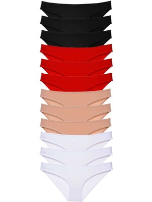 Marsilyan 12 Adet Süper Eko Set Likralı Kadın Slip Külot Siyah Kırmızı Ten Beyaz