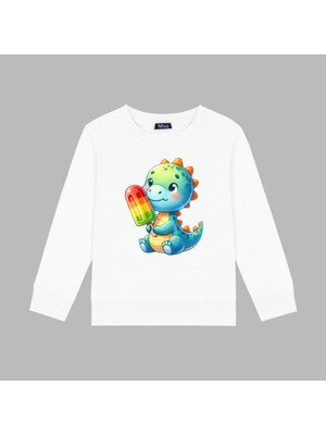 Mixxi Fashion Dondurma Yiyen Sevimli Dinazor Baskılı 3 Iplik Bisiklet Yaka Kız Çocuk Sweatshirt  (4-13 Yaş)
