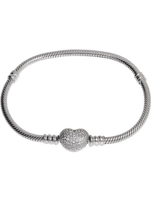 Celikchi Kadın Taşlı Kalp Model Charm Için Uygun Gümüş Bileklik