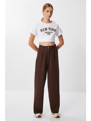 Happiness İstanbul Pileli Dokuma Palazzo Pantolon LGK0009 Kahverengi