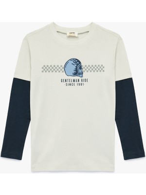 Koton Pamuklu Çıkma Uzun Kollu Bisiklet Yaka Baskılı Tişört