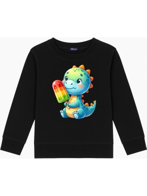 Mixxi Fashion Dondurma Yiyen Sevimli Dinazor Baskılı 3 Iplik Bisiklet Yaka Kız Çocuk Sweatshirt  (4-13 Yaş)
