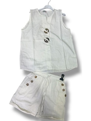 Kadın Keten Pamuk Düğmeli Şort ve Düğmeli Kolsuz Bluz Takım